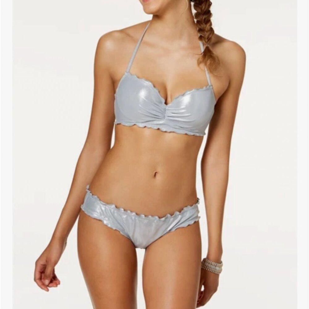 SunDazed 34 DD Bra cup solid silver metallic underwire top set shirred ruffled